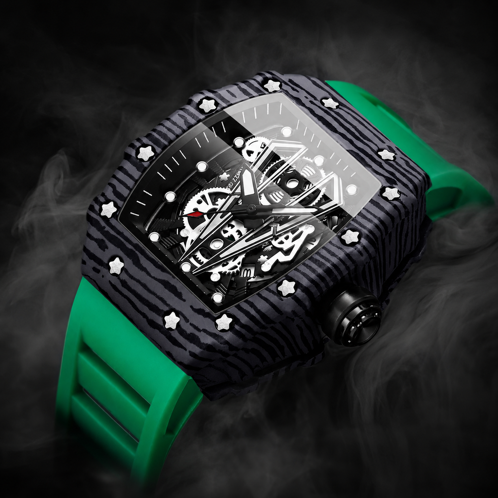 BINBOND Brand Men Watch Domineering Barrel Watch Curved Mirror Hollow Surface Sports Men Watch Silicone Quartz Wristwatch B8577