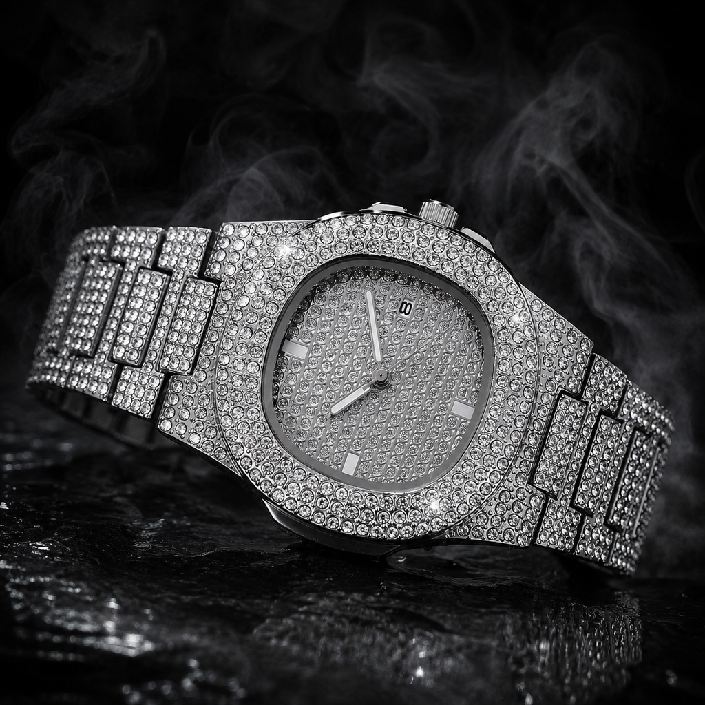 Luxury Full Diamond Men's Stainless Steel Watches Male Sports Quartz Wristwatch with Calendar