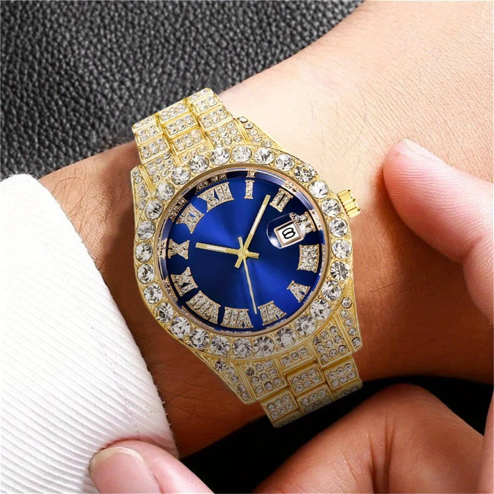 Mens Hip Hop Watch VintagInspired Retro Quartz Timepiece with Oversized Rhinestone Dial and Durable Stainless Steel Band for Men